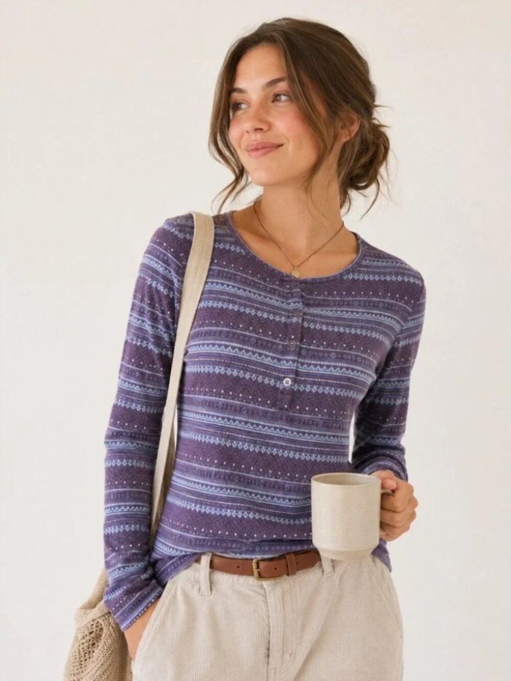 Columbia Women‎ L Purple Fair Isle Aspen Lodge Henley Long Sleeve Tee Top Knit